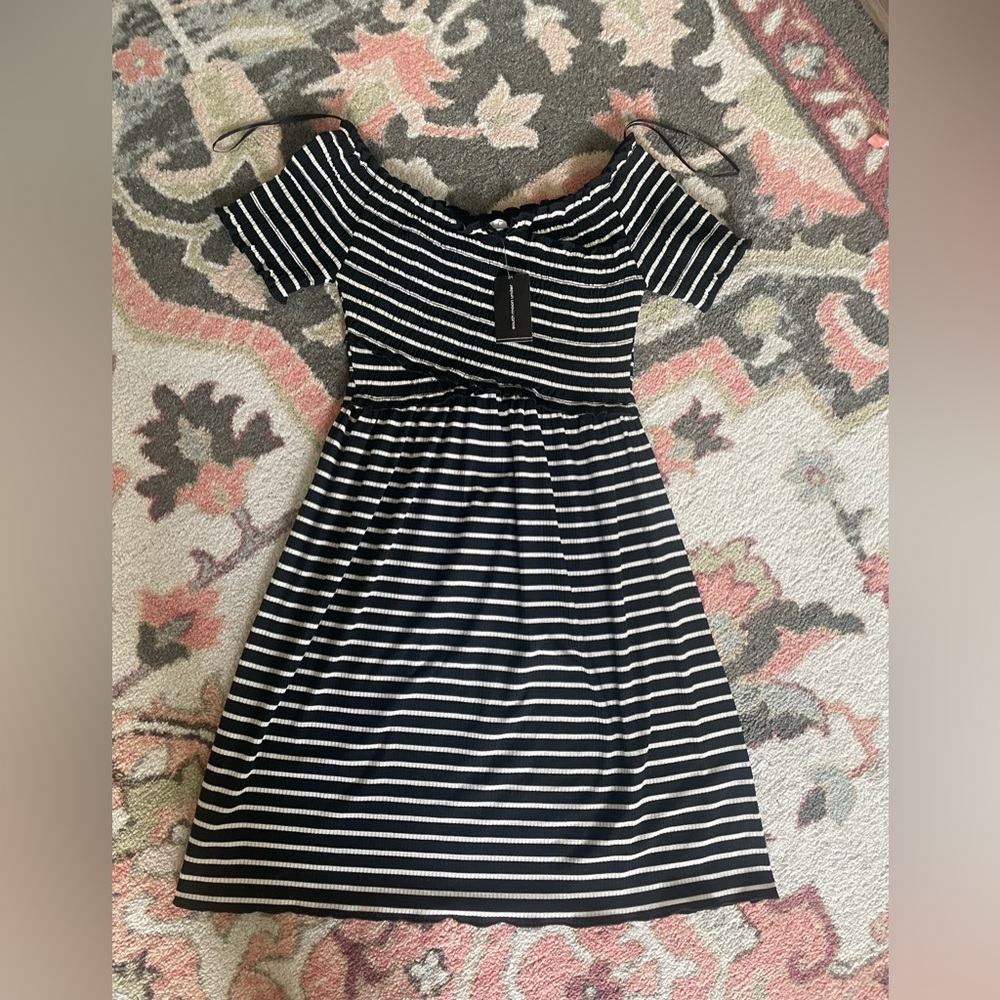 NWT South Moon Under Black and White Striped Off Shoulder Dress - Size S